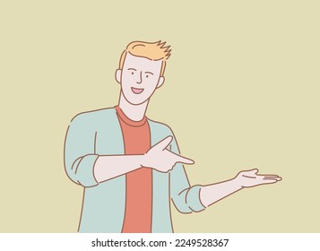 man presenting something with full smile and joyfull with outline or line and clean simple people style