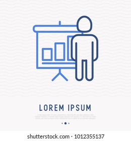 Man presenting something and showing graph with growth thin line icon. Modern vector illustration.