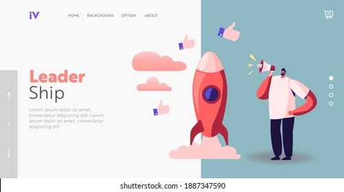 Man Presenting Start Up Project Landing Page Template. Business Male Character Yell to Megaphone Launch Rocket Take Off. Businessman Successful Portfolio, Deal, Contract. Cartoon Vector Illustration