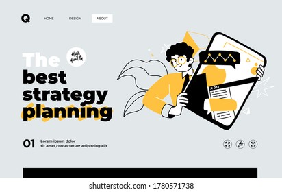 Man presenting strategy. Presentation slide template or landing page website design. Business concept illustrations. Modern flat style. Vector