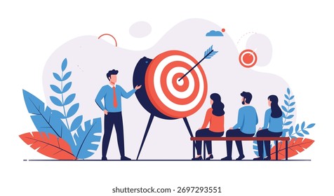 Homem apresentando um alvo com uma flecha no alvo para um público sentado em um banco.