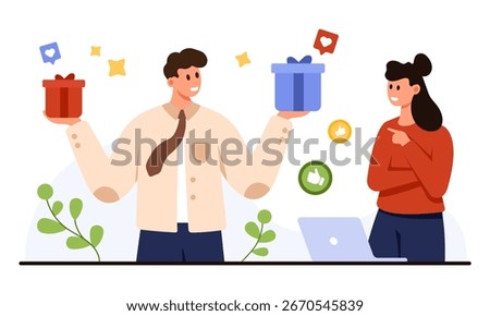 Man presenting two gift options to woman with social media icons and laptop, representing customer choice, decision making, and feedback on isolated white background vector illustration