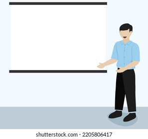 Man presenting with white board. Business, education illustration 