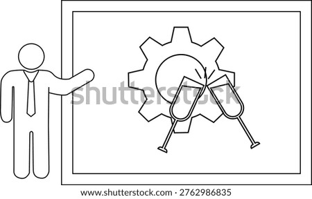 A man presents a board showing gears and toasting champagne glasses