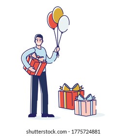Hombre con cajas de regalos y globos de aire feliz sonriendo. Caricatura masculina que sostiene regalos sobre fondo blanco. Concepto de festividad, cumpleaños o celebración de año nuevo. Ilustración vectorial lineal