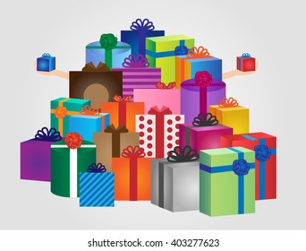 a man with a lot of presents in boxes , shopping bag  