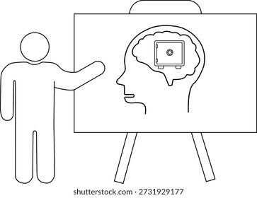 Man presents a brain with a safe inside depicted on an easel