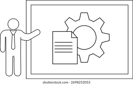 Man apresenta um gráfico com ícones de engrenagens e documentos