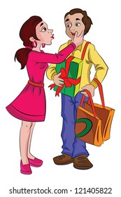 Man with Presents for His Sweetheart, vector illustration