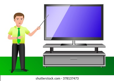 Man presents lcd screen TVs placed on the blank shelves.