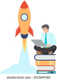 Man presents new project with laptop, start up concept. The rocket takes off into sky. Businessman sitting on pile of books develops new business idea. Innovative successful way in entrepreneurship