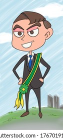 Man president with presidential sash illustration. City background. 