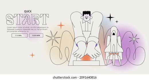 Man Press Start Button And Launch Space Mission. Concept Of Promotion, Seasonal Sale Discount, Innovation, Courses Into New Profession Or Business. Creative Banner With Vector Character Illustration.