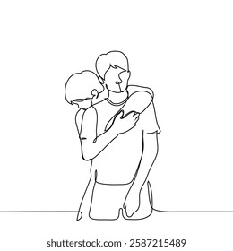 man pressed against another's back hugging with both hands - one line art vector. concept brotherly bonds, friends, gay relationship. Handmade vector not AI