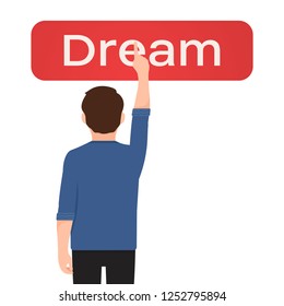 The man pressed the dream red button, vector illustration on a white background. fulfillment of your desires