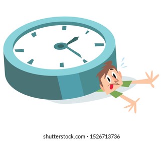 Man pressed for time. Man under a big clock, smashed. Concept of time management control. Vector illustration. Flat design on white background.