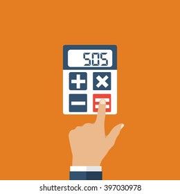 Man presses a button on calculator, message on the calculator display sos. Vector illustration flat design style. Concept help. Rescue.