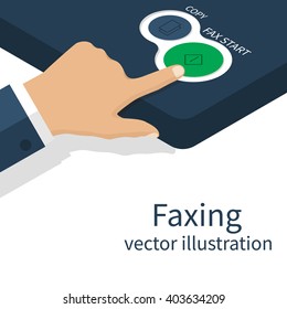 Man presses a button on a fax machine, a fax transmission. Office equipment. Hand pushing start. Vector illustration.