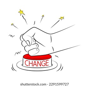 Man presses CHANGE button with his fist. Personal development and career growth. Readiness for changes in life. Decision to start a new life. Concept of change management. Sketch, linear drawing