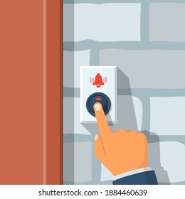 Man presses the doorbell button. Call button on a brick wall. Vector illustration flat design. Isolated on white background. svg