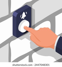 Man presses the doorbell button. Call button on a brick wall. Vector illustration isometric design. Isolated on white background.