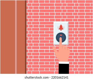 Man presses the doorbell button flat vector illustration.