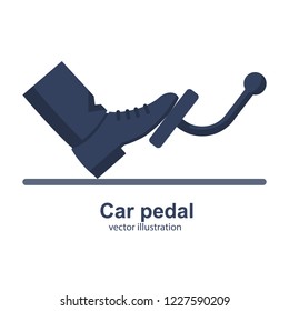 Man presses a foot pedal car. Acceleration transmission brakes. Motion control. Driving safety template. Vector illustration flat design. Isolated on white background.