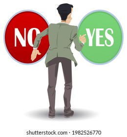 Man presses green start button. Young guy facing a dilemma. Startup key. Illustration concept for mobile website and internet development.