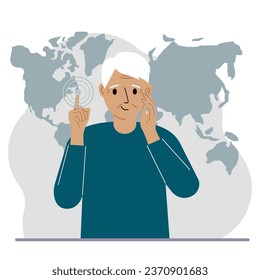 A man presses his finger on a virtual map of the world. Future, cyber.
