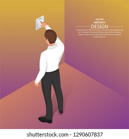 A man presses a light switch. 3D. Vector isometric illustration for a poster, advertisement. Lighting devices.