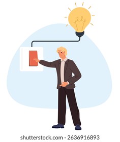 Man presses light switch to turn off lightbulb. Saving electricity. Guy pushing button. Electric toggle control. Glowing lamp. Conscious consumption. Electrical energy efficient use. Vector concept