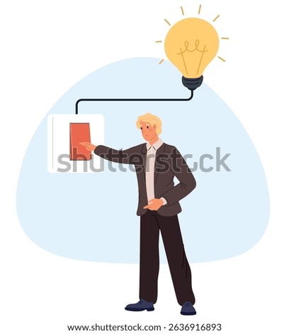 Man presses light switch to turn off lightbulb. Saving electricity. Guy pushing button. Electric toggle control. Glowing lamp. Conscious consumption. Electrical energy efficient use. Vector concept