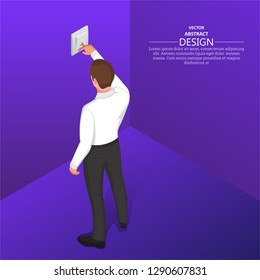 A man presses a light switch.Lighting fixtures.Economy of electricity.3D. An isometric vector illustration for the poster, advertizing.