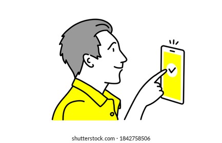 Der Mensch drückt die OK-Taste. Markieren Sie auf dem Smartphone-Bildschirm. Vektorgrafik.
