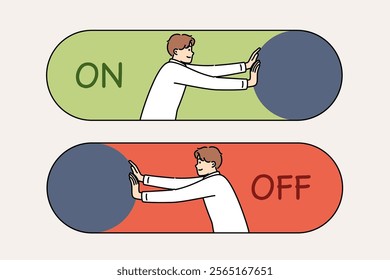 Man presses on and off button to start new project or complete unpromising startup. Young guy in formal wear pushes switch on and off label to activate online application or software