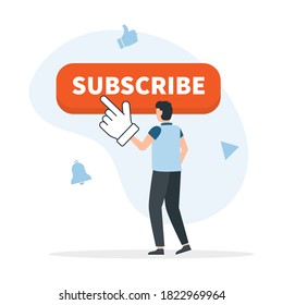 Man presses the red button to subscribe to a channel, blog. Marketing. Vector illustration