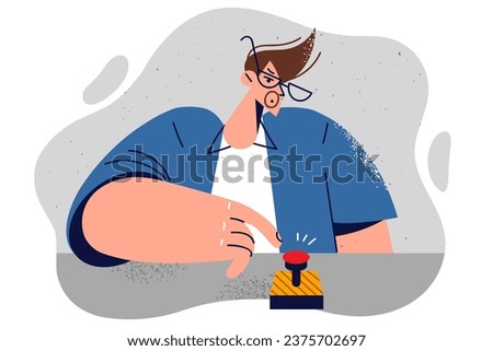 Man presses red button, symbolizing start of successful business or startup with great potential. Guy pulls finger towards red button designed to activate technology or emergency notification