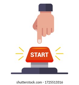 man presses the red start button. flat vector illustration.