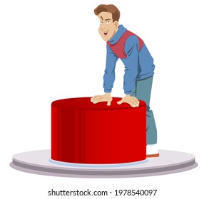 Man presses red start button. Young guy facing a dilemma. Startup key. Illustration concept for mobile website and internet development.