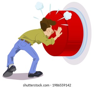 Man presses red start button. Young guy facing a dilemma. Startup key. Illustration concept for mobile website and internet development.