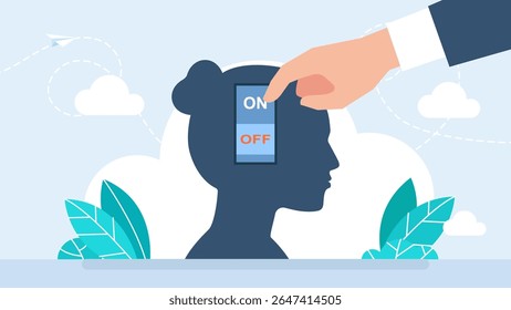 Man presses switches in woman brain. Lever in woman head. Psychological concept. Female character controls feelings. Person adjusts emotional balance with switches. Vector illustration