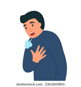 Man pressing against his chest with a shortness of breath symptom in flat design on white background. Difficulty breathing.