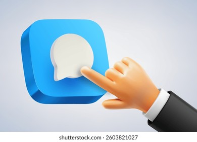 Man pressing button with message sign. 3d vector illustration