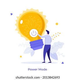 Man pressing button on glowing lightbulb. Concept of power mode, flow of energy, release of new idea, insight, creation of innovative project. Modern flat vector illustration for banner, poster.