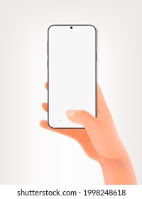 Man pressing the button on smartphone. Vector mockup