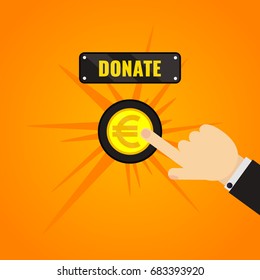 Man pressing donate button with euro sign. Giving money, fundraising business concept. Financial contribution to charity online. Helping the needy. Touch, push or press symbol. Vector illustration.