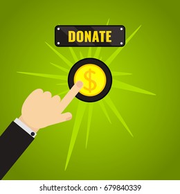 Man pressing donate button. Giving money, fundraising business concept. Financial contribution to charity online. Internet banking, mobile payments. Touch, push or press symbol. Vector illustration.