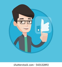 Man pressing like button. Man pressing social like button with thumb up. Caucasian smiling man pressing social network button. Vector flat design illustration in the circle isolated on background.