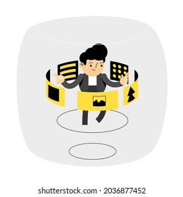 Man pressing multiple screens around him vector