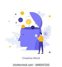 Man pressing power button on giant human head with thought bubbles coming out of it. Concept of creative mind, creativity, idea generation, smart thinking. Modern flat vector illustration for poster.